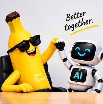 Banana mascot high-fiving an AI robot