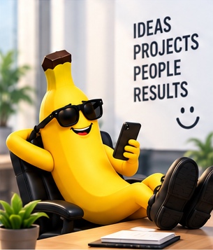 Banana mascot relaxing in a modern office