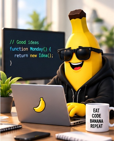 Banana mascot coding at a laptop