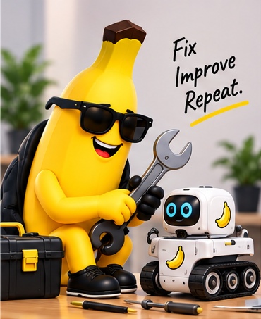 Banana mascot fixing a small robot